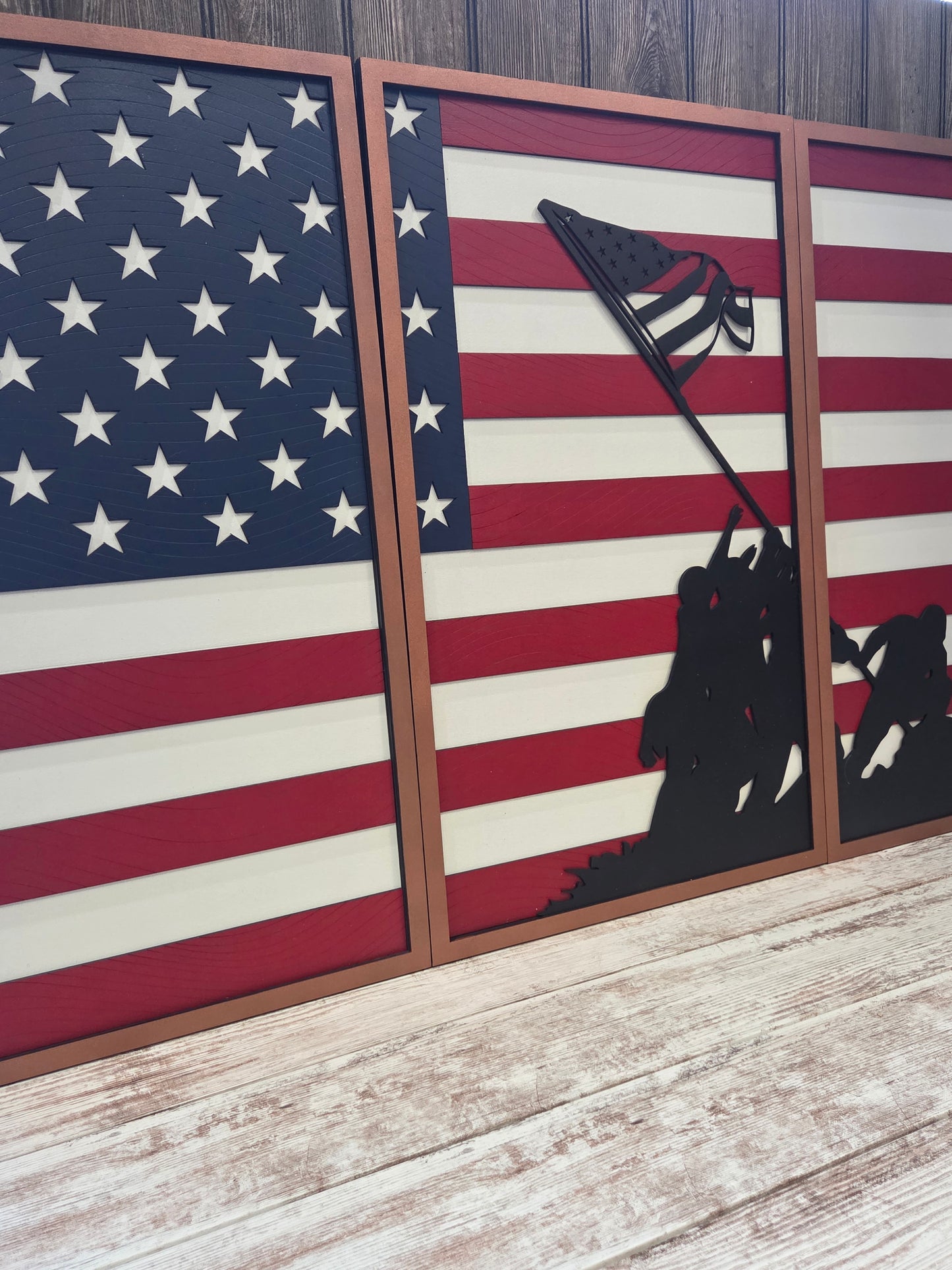 Wooden wall art with American flag design and silhouette of a dog on a wooden surface.