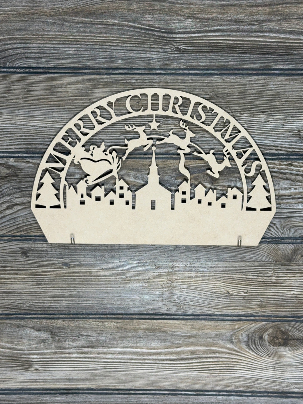Interchangeable Topper Merry Christmas Santa and Sleigh-Unfinished